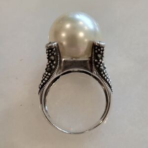 Sterling Silver Marquisite Faux Pearl Ring Cocktail Ring